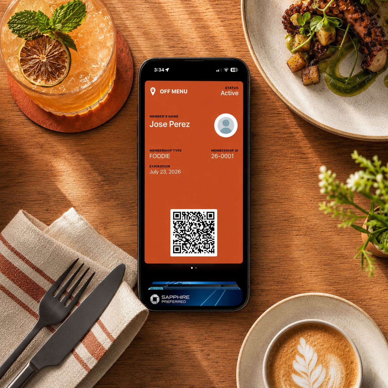 Tarjeta OFF MENU en el wallet de un iPhone